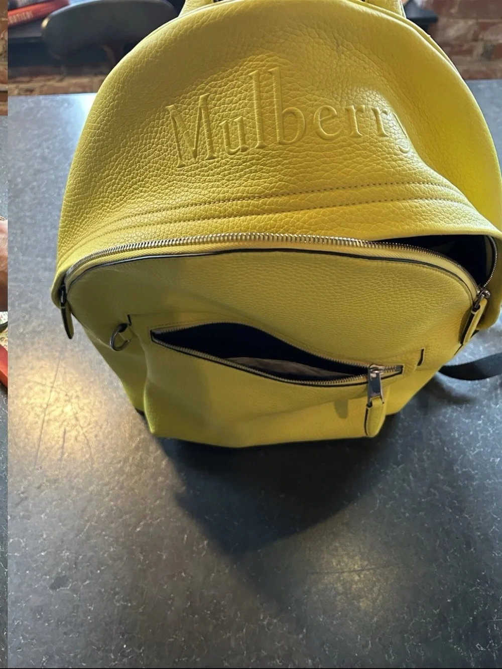 Mulberry Lime Yellow Leather Backpack with Front Zip Pocket